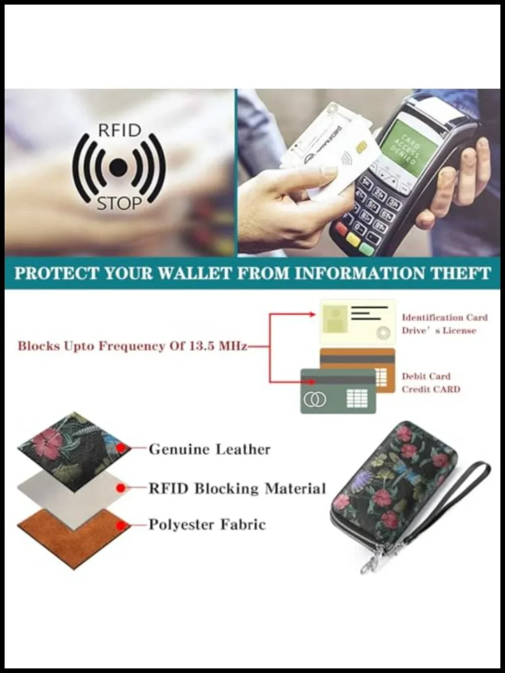 Genuine Leather RFID Blocking Wristlet Wallet with Detachable Strap
